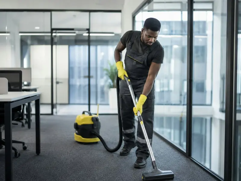 Janitorial cleaner vacuuming an office carpet